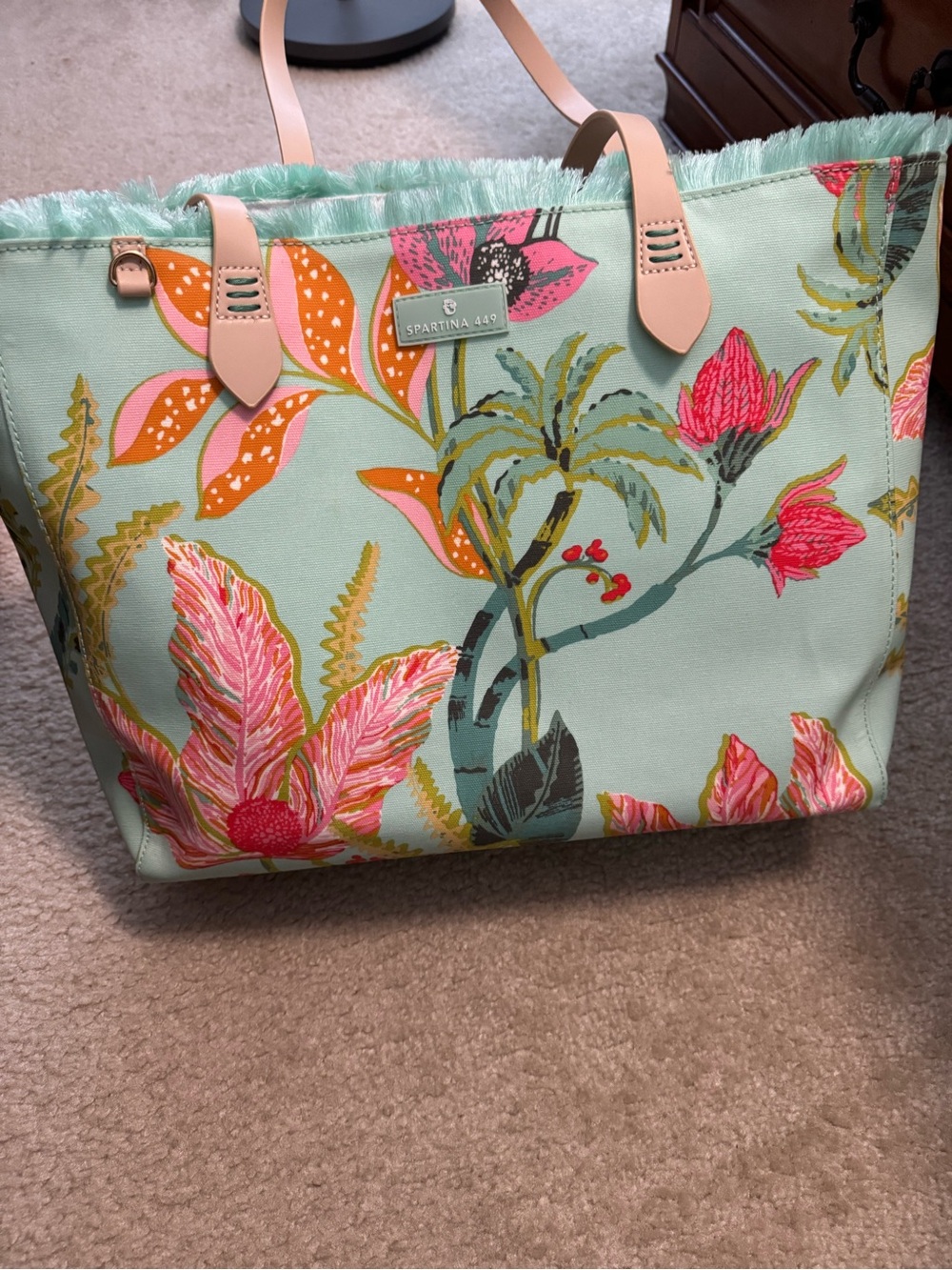 Spartina 449 Mint Floral Tote with Pink and Coral Accents